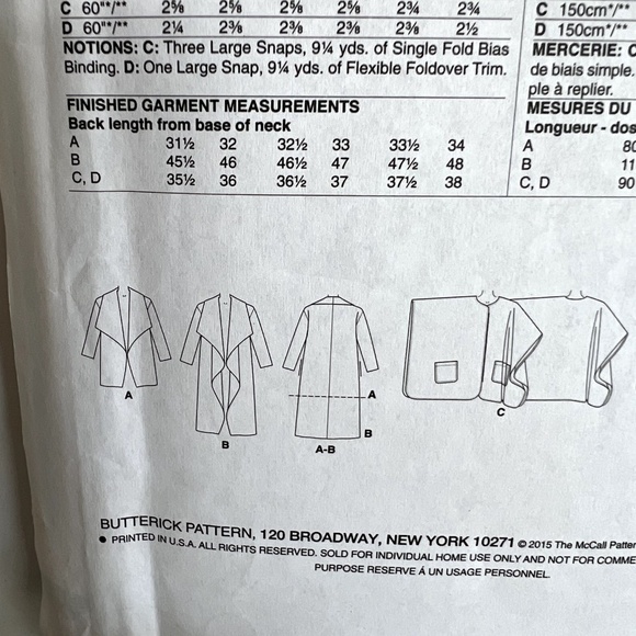 Butterick Sewing Shawl Collar Jacket Coat Poncho Snap Closure Wrap Pattern B6250 - Picture 5 of 5